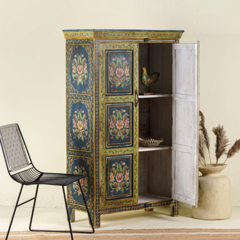 Brutalist Hand Painted Solid Wood Armoire – Vintage Two Door Wardrobe Closet Armoire - Bone Inlay Furnitures