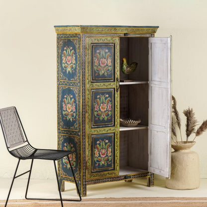 Brutalist Hand Painted Solid Wood Armoire – Vintage Two Door Wardrobe Closet Armoire - Bone Inlay Furnitures