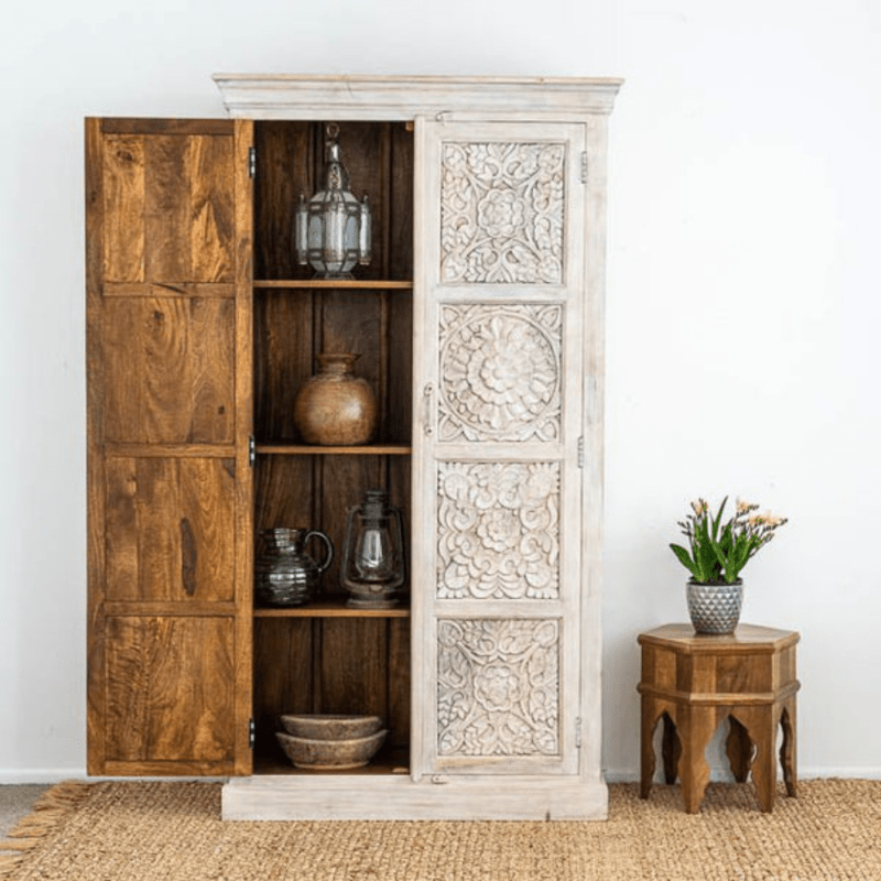 Charika Hand Carved Solid Wood Armoire – French Country Bedroom Storage Wardrobe Armoire - Bone Inlay Furnitures