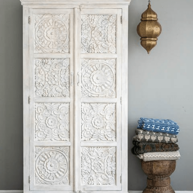 Charika Hand Carved Solid Wood Armoire – French Country Bedroom Storage Wardrobe Armoire - Bone Inlay Furnitures