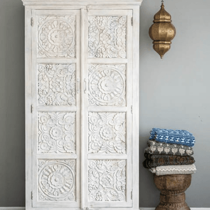 Charika Hand Carved Solid Wood Armoire – French Country Bedroom Storage Wardrobe Armoire - Bone Inlay Furnitures