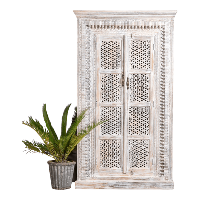 Chic Hand Carved Indian White Armoire – Solid Wood Two Door Wardrobe Armoire - Bone Inlay Furnitures