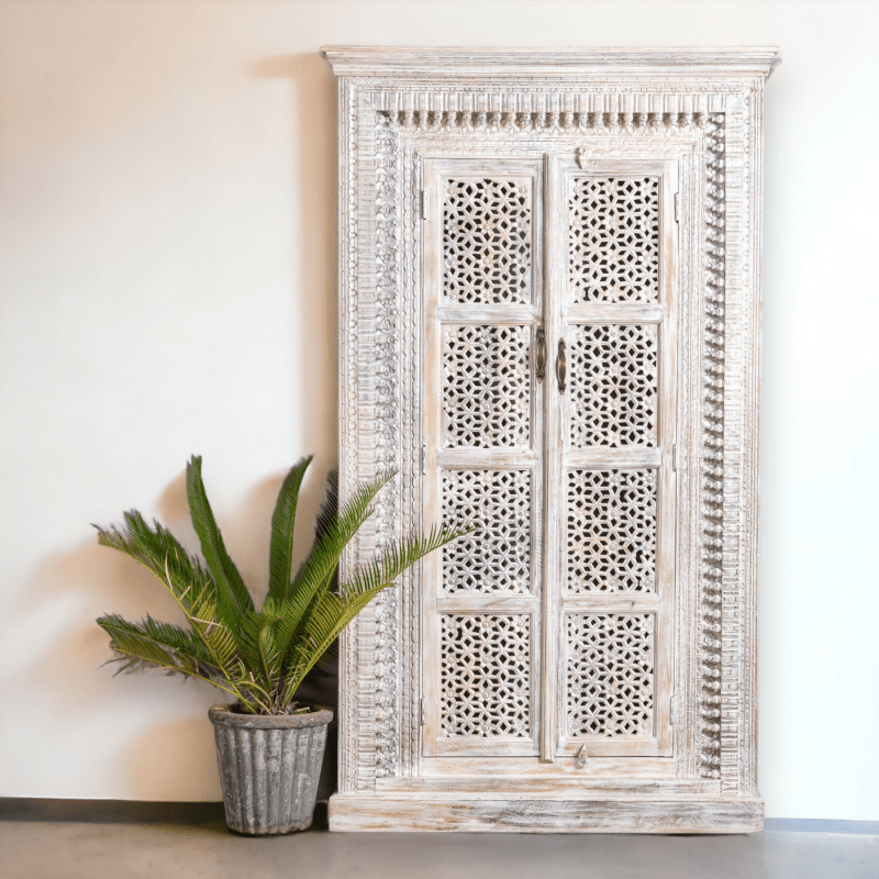 Chic Hand Carved Indian White Armoire – Solid Wood Two Door Wardrobe Armoire - Bone Inlay Furnitures