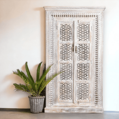 Chic Hand Carved Indian White Armoire – Solid Wood Two Door Wardrobe Armoire - Bone Inlay Furnitures