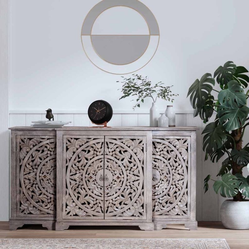 Chic Hand - Carved White Buffet | Solid Wood Sideboard for Dining Room Buffet - Bone Inlay Furnitures