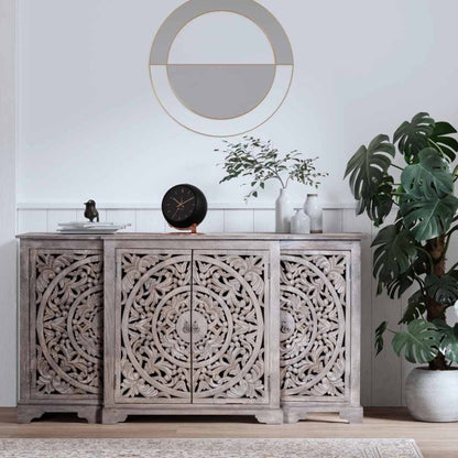 Chic Hand - Carved White Buffet | Solid Wood Sideboard for Dining Room Buffet - Bone Inlay Furnitures