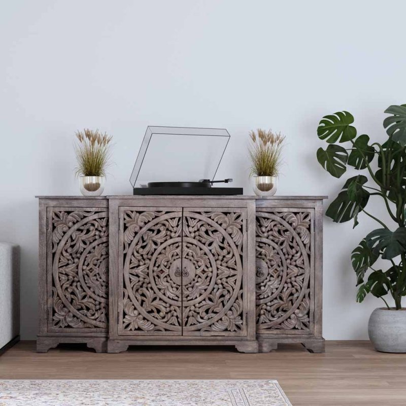 Chic Hand - Carved White Buffet | Solid Wood Sideboard for Dining Room Buffet - Bone Inlay Furnitures