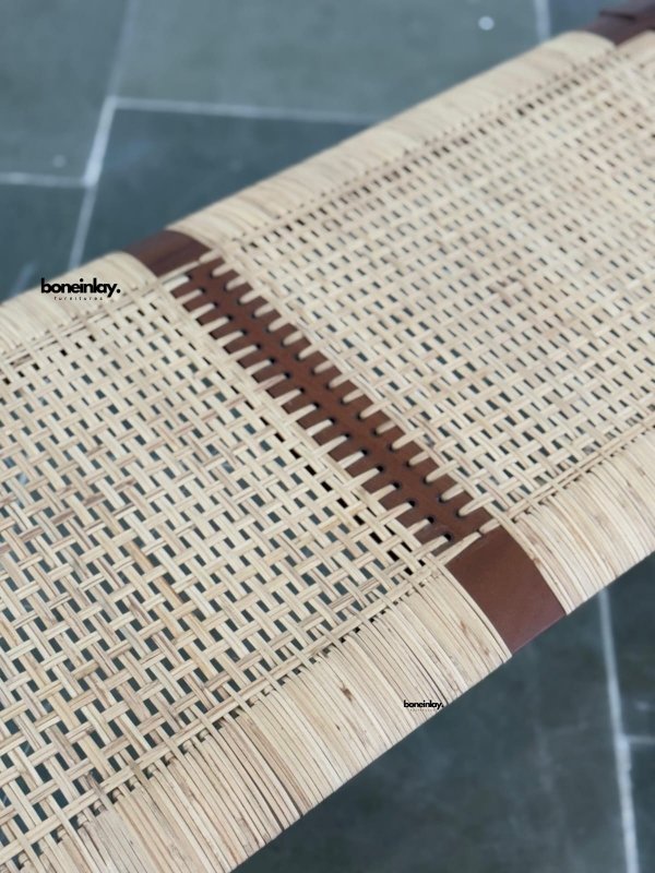 Designer - Crafted Inoda+Sveje Inspired Solid Teak Wood Rattan Cane Bench in Natural Color Bench - Bone Inlay Furnitures