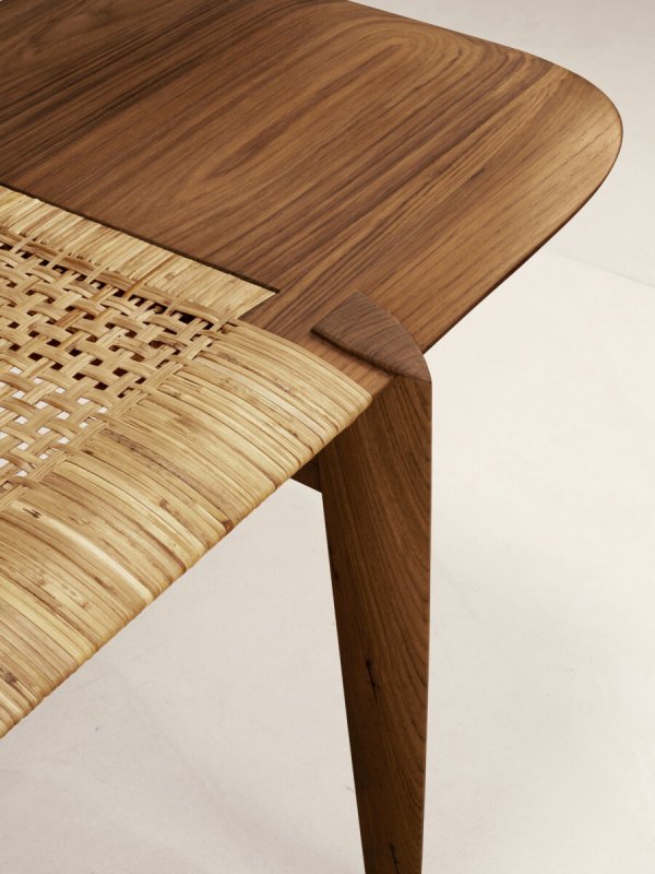 Handmade Scandinavian-style wood and cane bench with an elongated 180-centimeter profile.