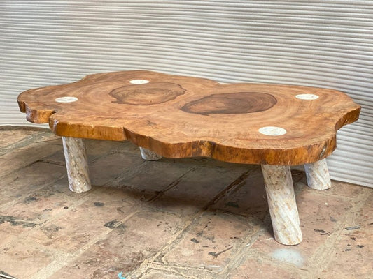 Designer Live Edge Natural Wooden Slab Coffee Table with Mother of Pearl Legs Center Table - Bone Inlay Furnitures
