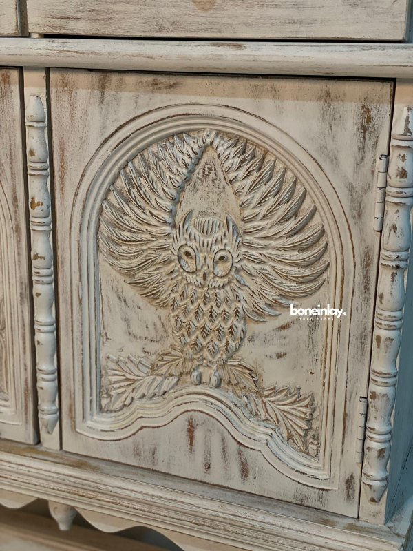 Distressed White Wildlife Carved Menagerie Buffet Table with Drawers Buffet & Sideboard - Bone Inlay Furnitures