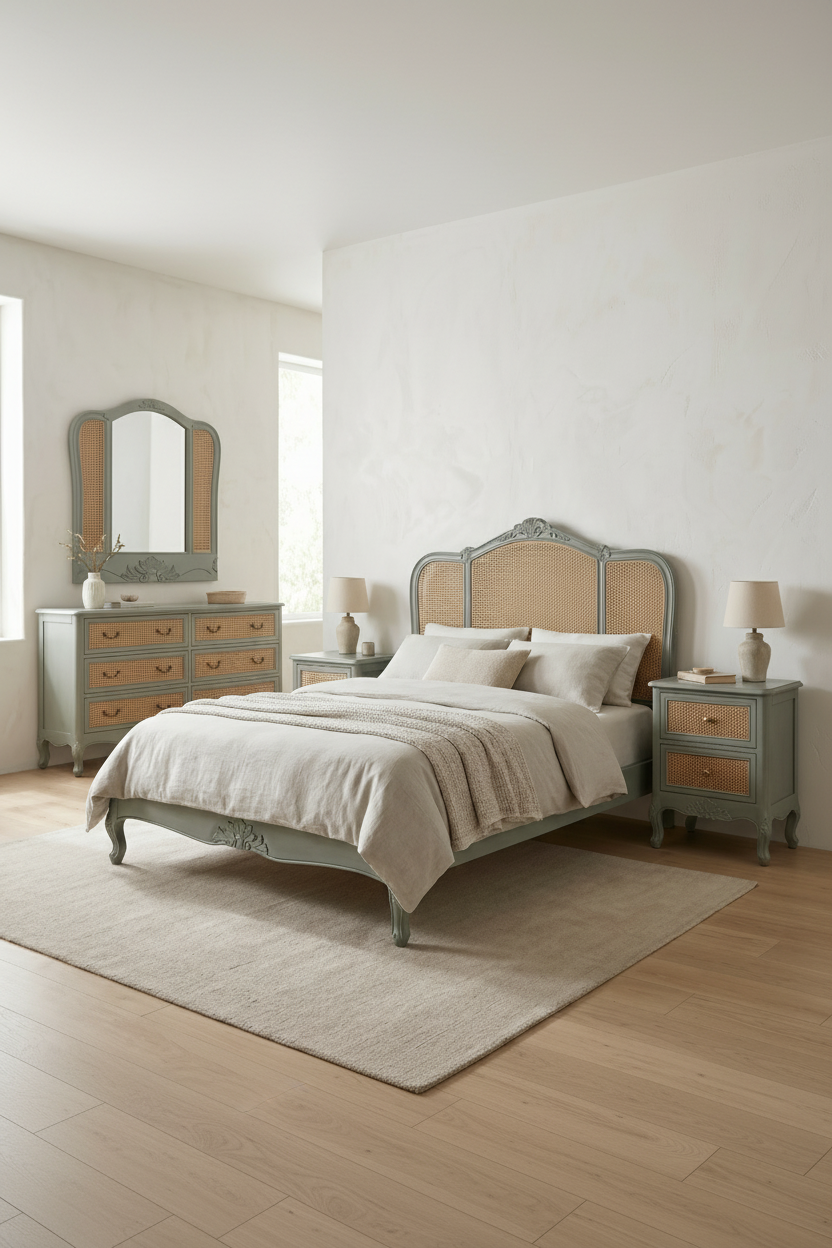 French Design Bohemian Style Carved Caned Bedroom Set - 5 Pieces