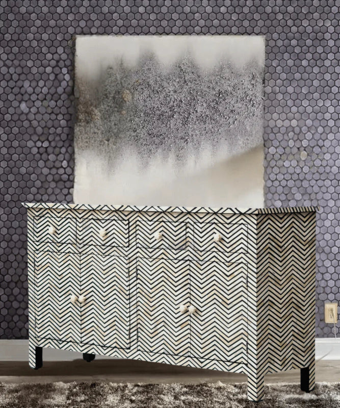 Elegant Black Chevron Pattern Bone Inlay Sideboard | Four Doors & Four Drawers Buffet & Sideboard - Bone Inlay Furnitures
