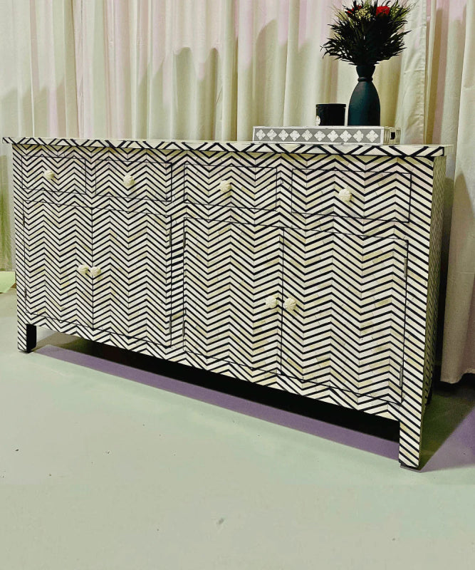 Elegant Black Chevron Pattern Bone Inlay Sideboard | Four Doors & Four Drawers Buffet & Sideboard - Bone Inlay Furnitures