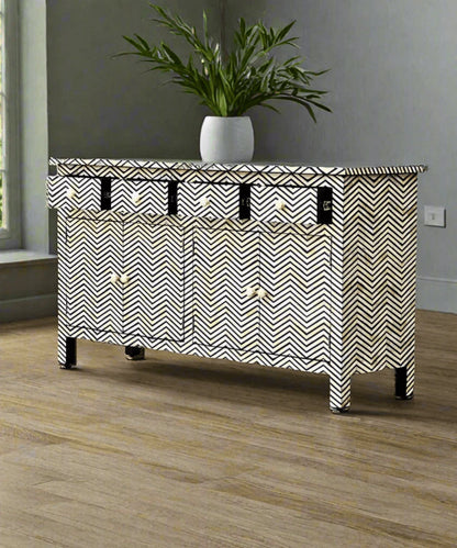 Elegant Black Chevron Pattern Bone Inlay Sideboard | Four Doors & Four Drawers Buffet & Sideboard - Bone Inlay Furnitures