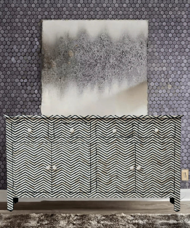 Elegant Black Chevron Pattern Bone Inlay Sideboard | Four Doors & Four Drawers Buffet & Sideboard - Bone Inlay Furnitures