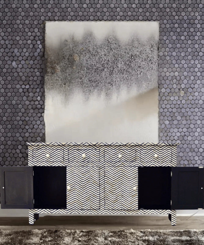 Elegant Black Chevron Pattern Bone Inlay Sideboard | Four Doors & Four Drawers Buffet & Sideboard - Bone Inlay Furnitures