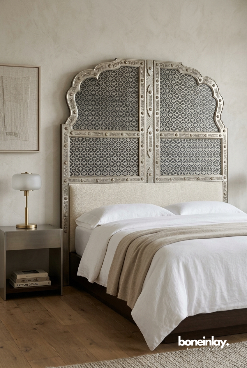Silver Patterned Metal Headboard in Elegant Contemporary Bedroom Interior