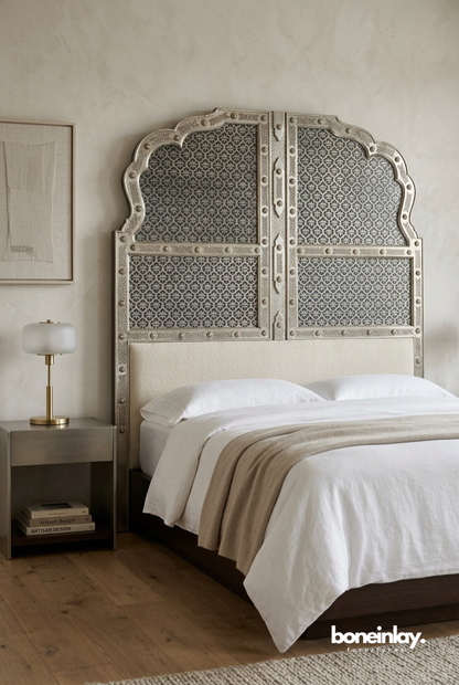 Silver Patterned Metal Headboard in Elegant Contemporary Bedroom Interior