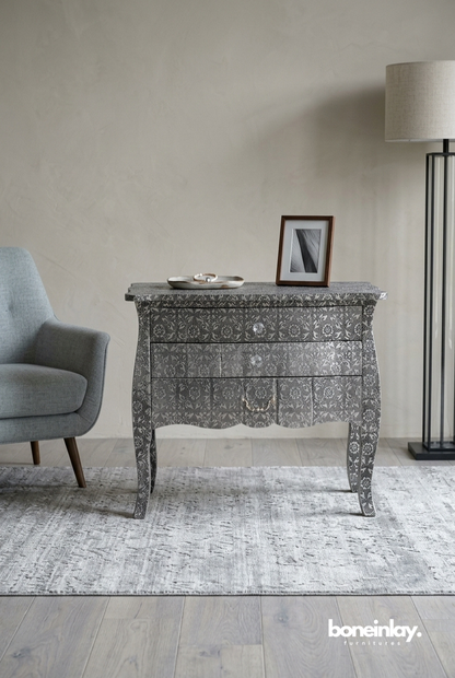 Silver Floral Embossed Three Drawer Dresser with Curved Legs