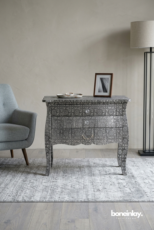 Silver Floral Embossed Three Drawer Dresser with Curved Legs