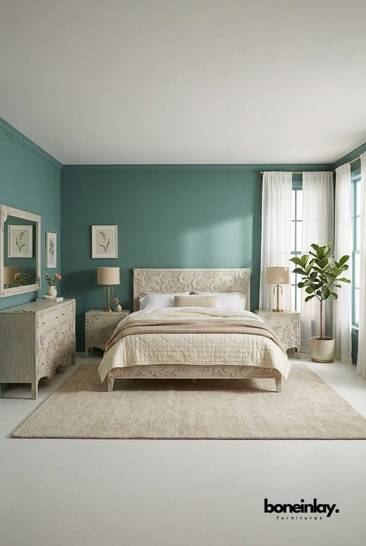The complete Enchantment 5-piece artisanal bedroom suite shown in a bright, modern interior.
