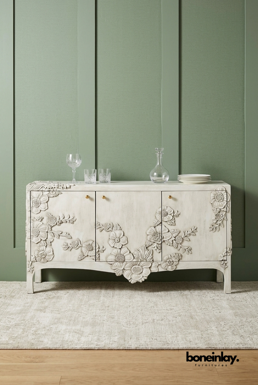 Hand Carved White Floral Wooden Sideboard Cabinet with Three Door Storage