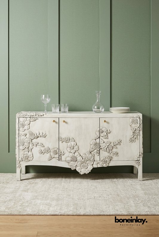 Hand Carved White Floral Wooden Sideboard Cabinet with Three Door Storage
