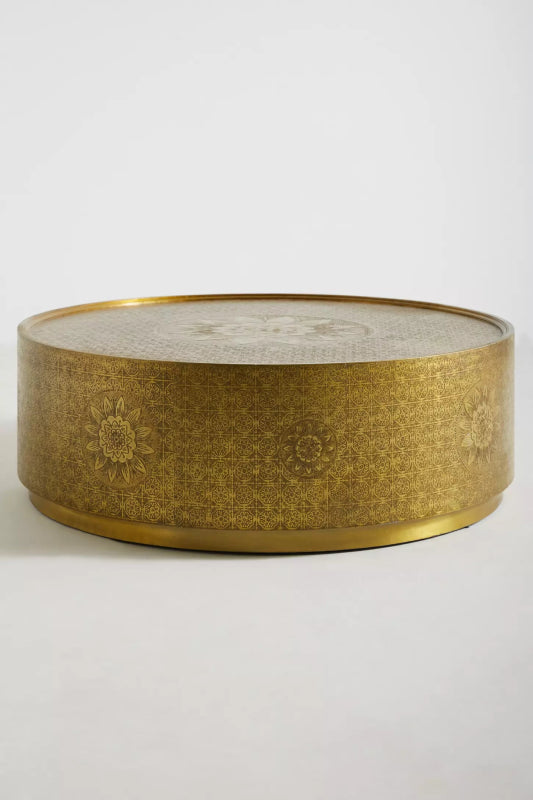 Exclusive Handmade Embossed Metal Round Golden Coffee Table Coffee Table - Bone Inlay Furnitures