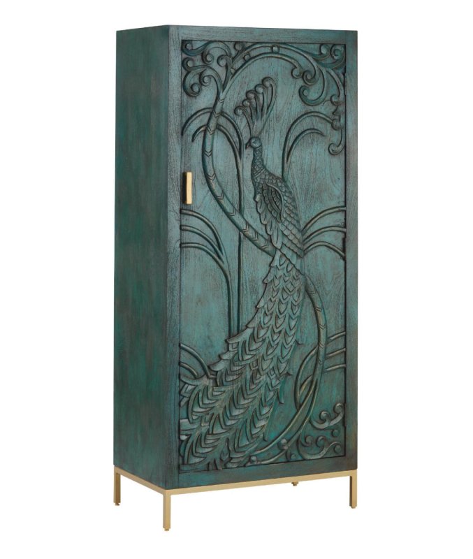 Extra Large Peacock Hand Carved Wood Armoire – Indian Wardrobe Closet with Spacious Shelves Armoire - Bone Inlay Furnitures