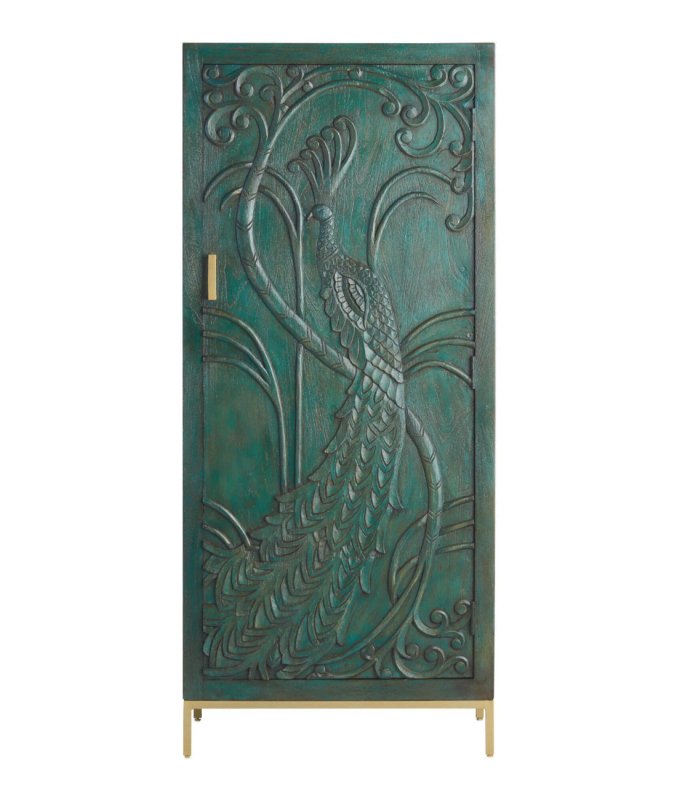 Extra Large Peacock Hand Carved Wood Armoire – Indian Wardrobe Closet with Spacious Shelves Armoire - Bone Inlay Furnitures