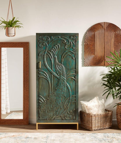 Extra Large Peacock Hand Carved Wood Armoire – Indian Wardrobe Closet with Spacious Shelves Armoire - Bone Inlay Furnitures