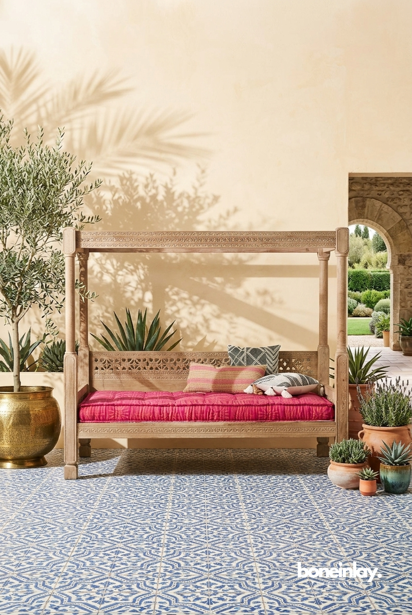 A natural-finish solid wood daybed with a canopy frame and intricate lattice backrest, styled with a vibrant pink cushion and accent pillows on a patterned tile floor.