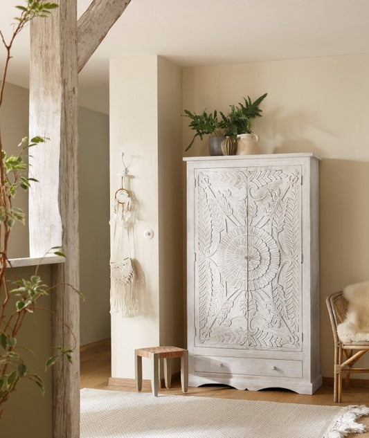 Hand carved solid wood armoire with botanical mandala and fern motifs in distressed white-wash finish — bedroom wardrobe cabinet 