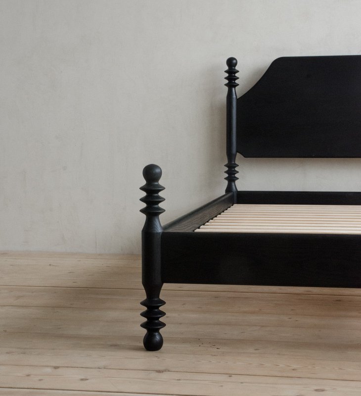 Flora Bed – Sculptural Solid Wood Frame with Turned Posts Bed - Bone Inlay Furnitures