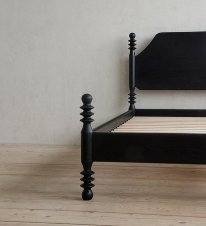 Flora Bed – Sculptural Solid Wood Frame with Turned Posts Bed - Bone Inlay Furnitures