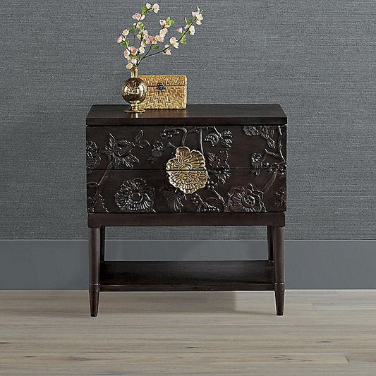 Floral Design Brown Hand Carved Nightstand with Two Drawers Bedside Table - Bone Inlay Furnitures