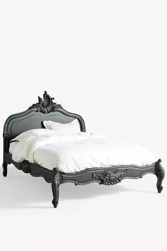 French Style Menara Bed: Hand - Carved Black Solid Wood Headboard Bed - Bone Inlay Furnitures