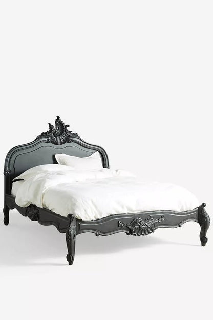French Style Menara Bed: Hand - Carved Black Solid Wood Headboard Bed - Bone Inlay Furnitures