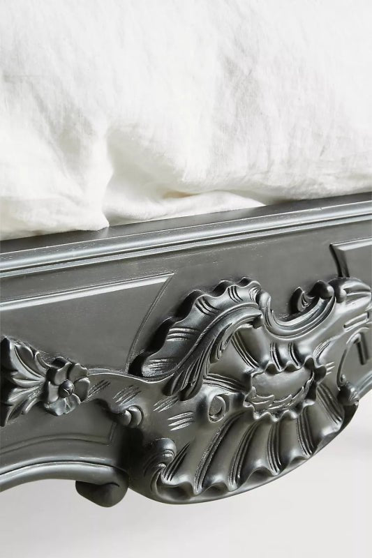 French Style Menara Bed: Hand - Carved Black Solid Wood Headboard Bed - Bone Inlay Furnitures