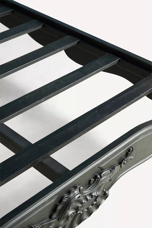 French Style Menara Bed: Hand - Carved Black Solid Wood Headboard Bed - Bone Inlay Furnitures