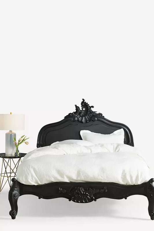 French Style Menara Bed: Hand - Carved Black Solid Wood Headboard Bed - Bone Inlay Furnitures