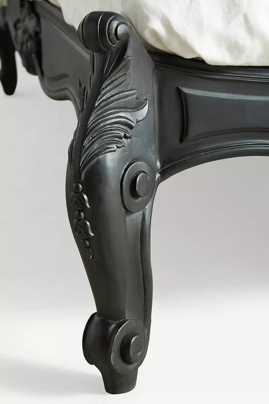 French Style Menara Bed: Hand - Carved Black Solid Wood Headboard Bed - Bone Inlay Furnitures