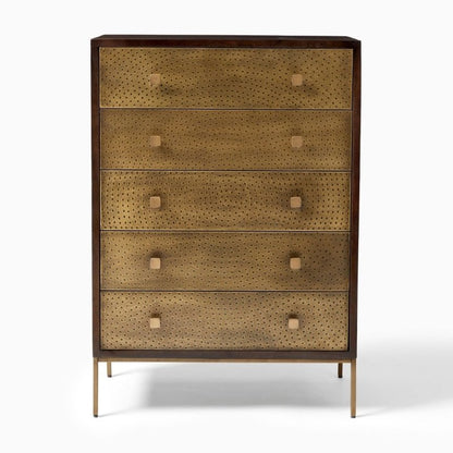 Tall embossed brass chest of drawers with elegant decorative knobs and ample indoor storage.
