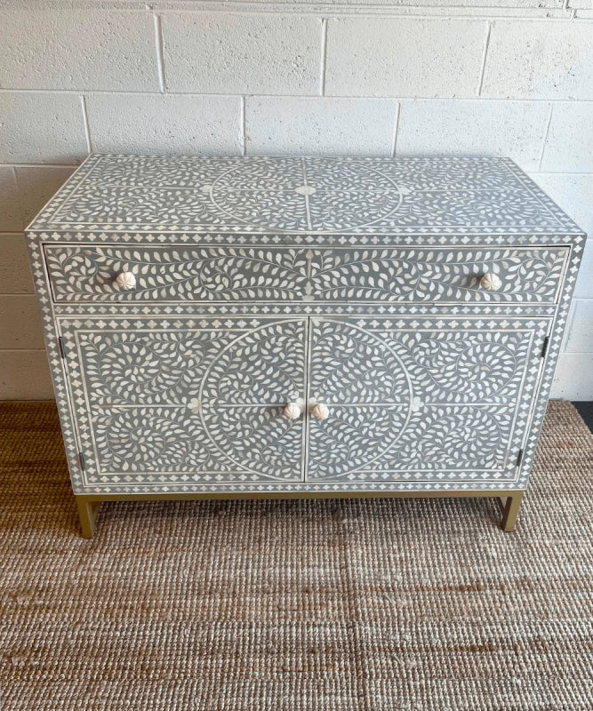 Grey Scroll Vine Handmade Sideboard | Bone Inlay Farmhouse Style Buffet & Sideboard - Bone Inlay Furnitures