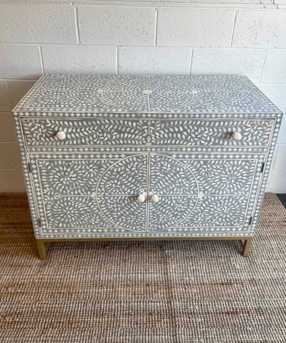 Grey Scroll Vine Handmade Sideboard | Bone Inlay Farmhouse Style Buffet & Sideboard - Bone Inlay Furnitures