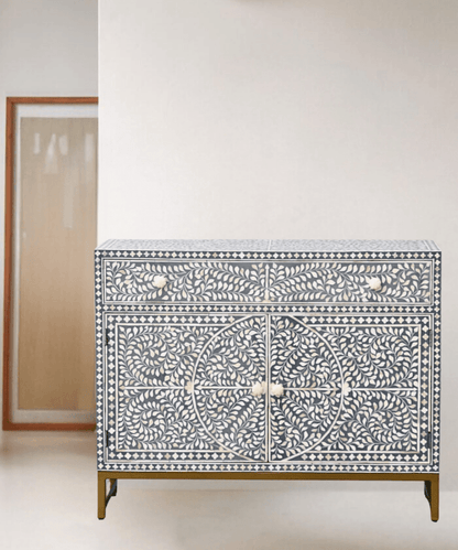 Grey Scroll Vine Handmade Sideboard | Bone Inlay Farmhouse Style Buffet & Sideboard - Bone Inlay Furnitures
