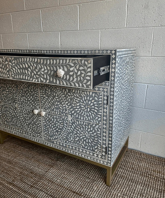 Grey Scroll Vine Handmade Sideboard | Bone Inlay Farmhouse Style Buffet & Sideboard - Bone Inlay Furnitures