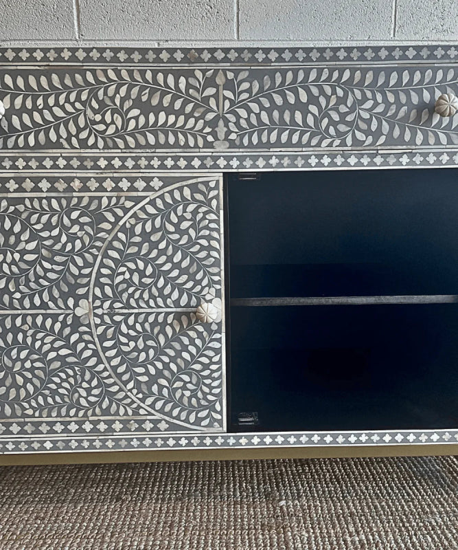 Grey Scroll Vine Handmade Sideboard | Bone Inlay Farmhouse Style Buffet & Sideboard - Bone Inlay Furnitures