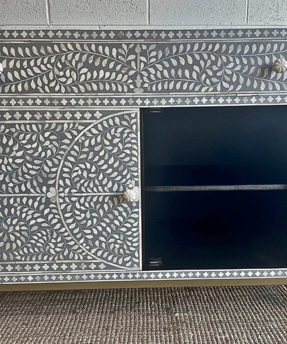 Grey Scroll Vine Handmade Sideboard | Bone Inlay Farmhouse Style Buffet & Sideboard - Bone Inlay Furnitures